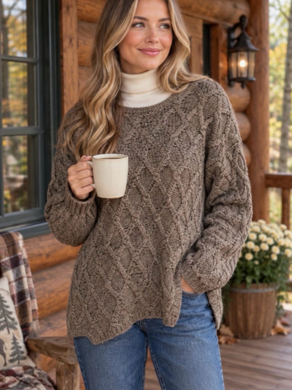 Pure Jill Textured Cable Knit Earthy Brown Sweater Cabincore Granola Girl L.